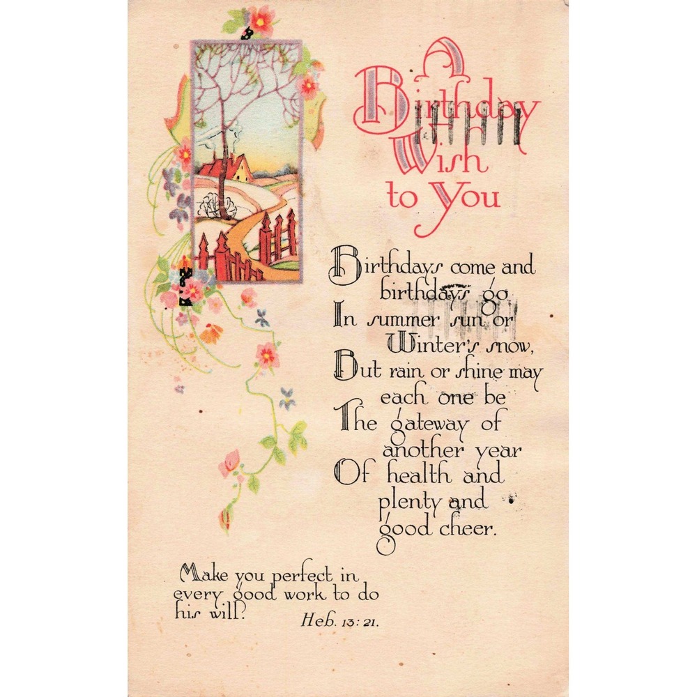 Canton Ohio 1935 Postmark Birthday Postcard Religious Verse Hebrews 13:21